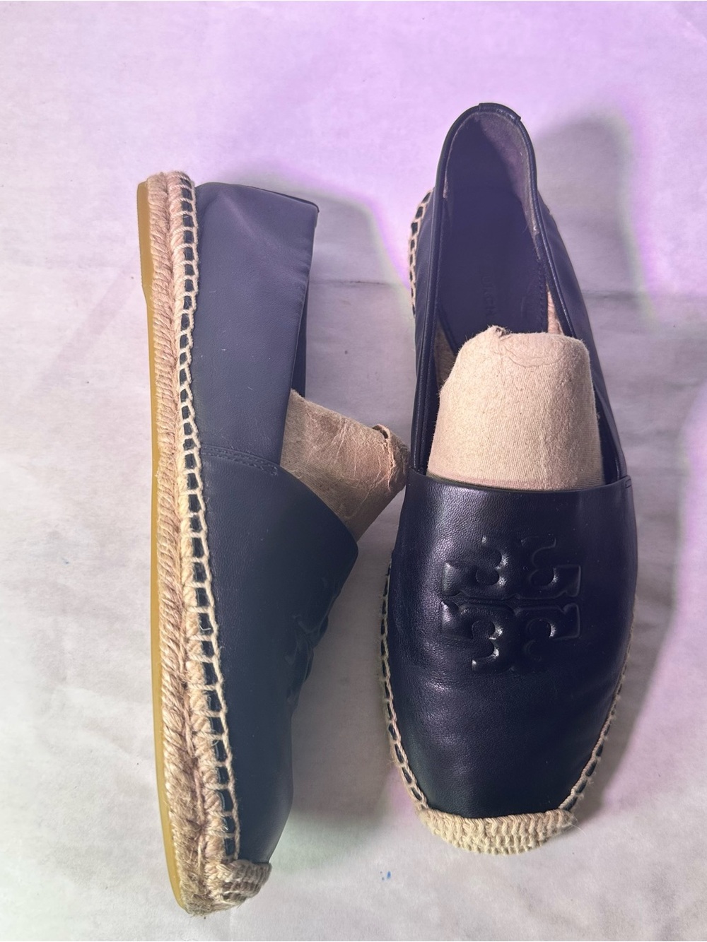 Tory Burch Black Leather Espadrille-Trim Loafer - Picture 5 of 16